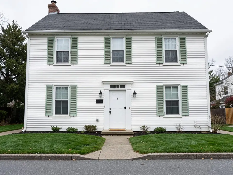 White clapboard two-story colonial house with faded sage green louvered shutters, before