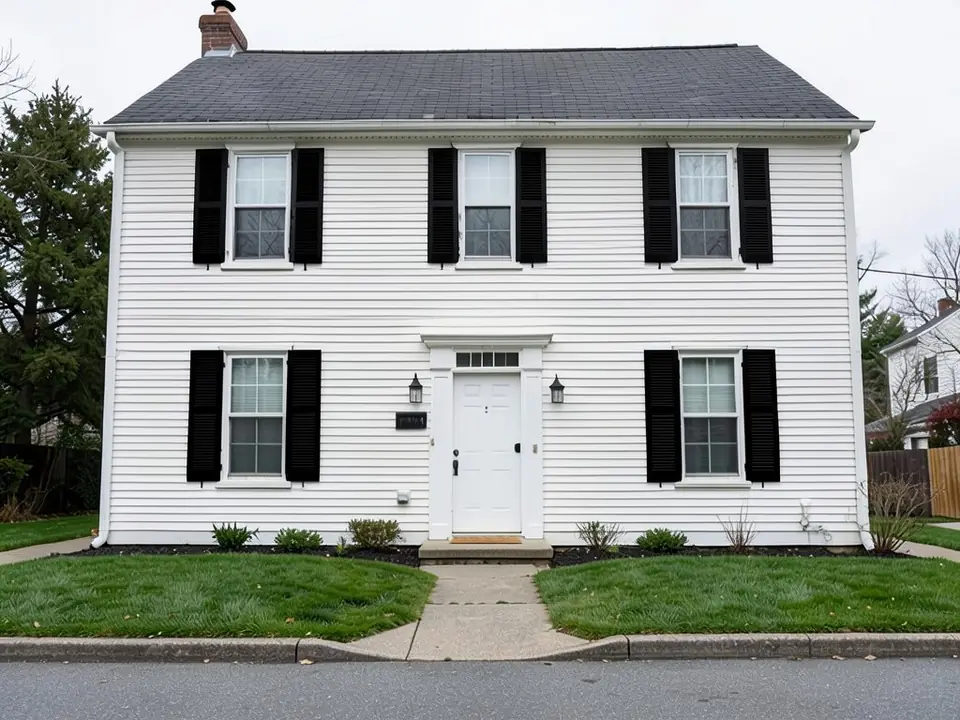 The same white colonial house with its shutters repainted solid black