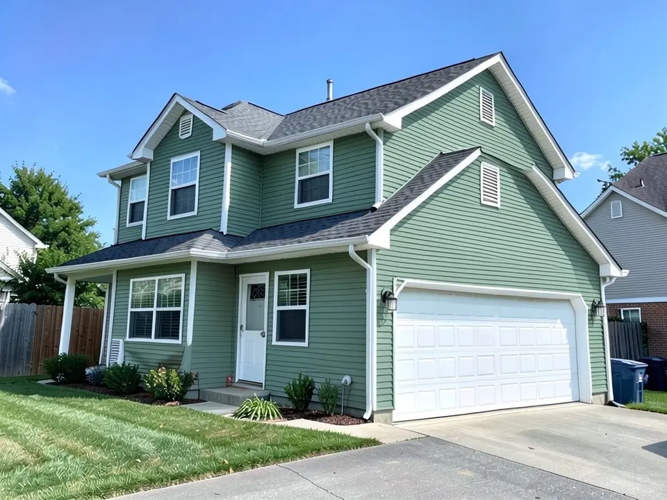The same house with the vinyl lap siding changed to a green, with the white trim and garage door kept