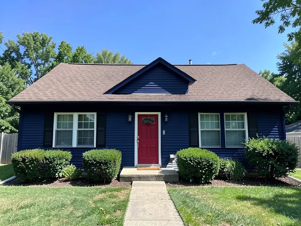 The same house with the siding changed to deep navy blue
