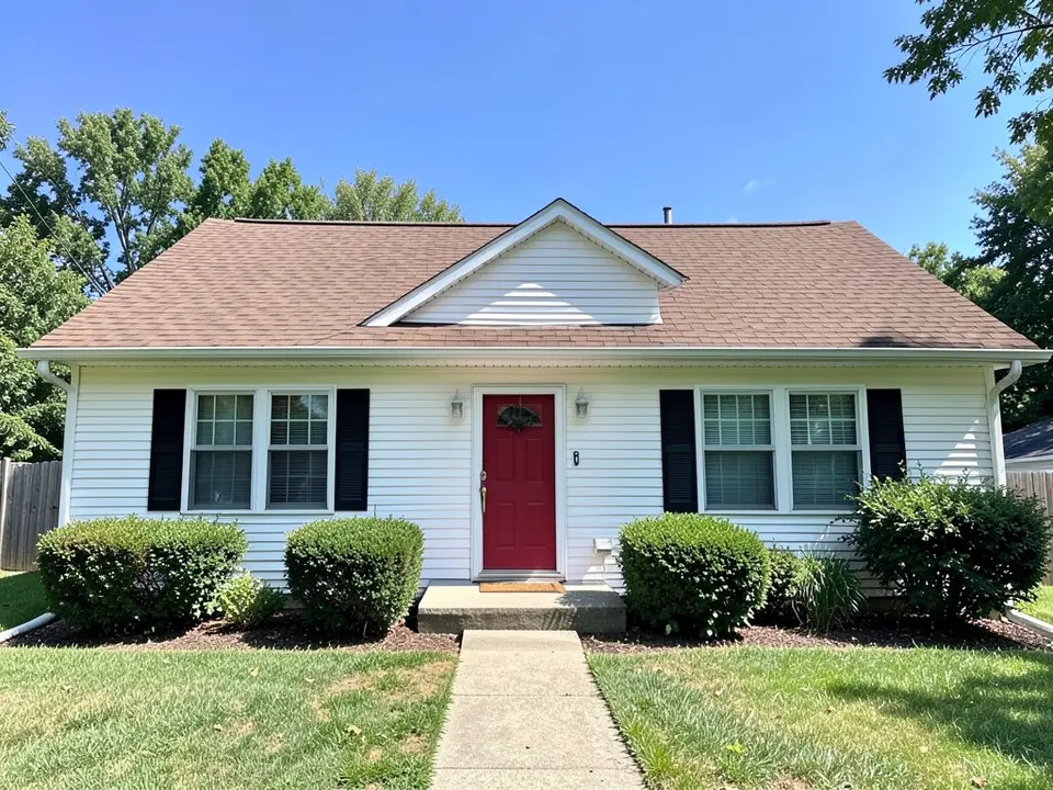Single-story ranch house with white vinyl lap siding, black shutters, a red front door, a brown shingle roof and shrubs, before