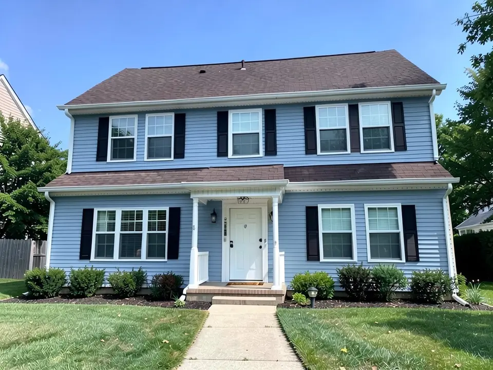 The same house with the siding changed to a soft blue