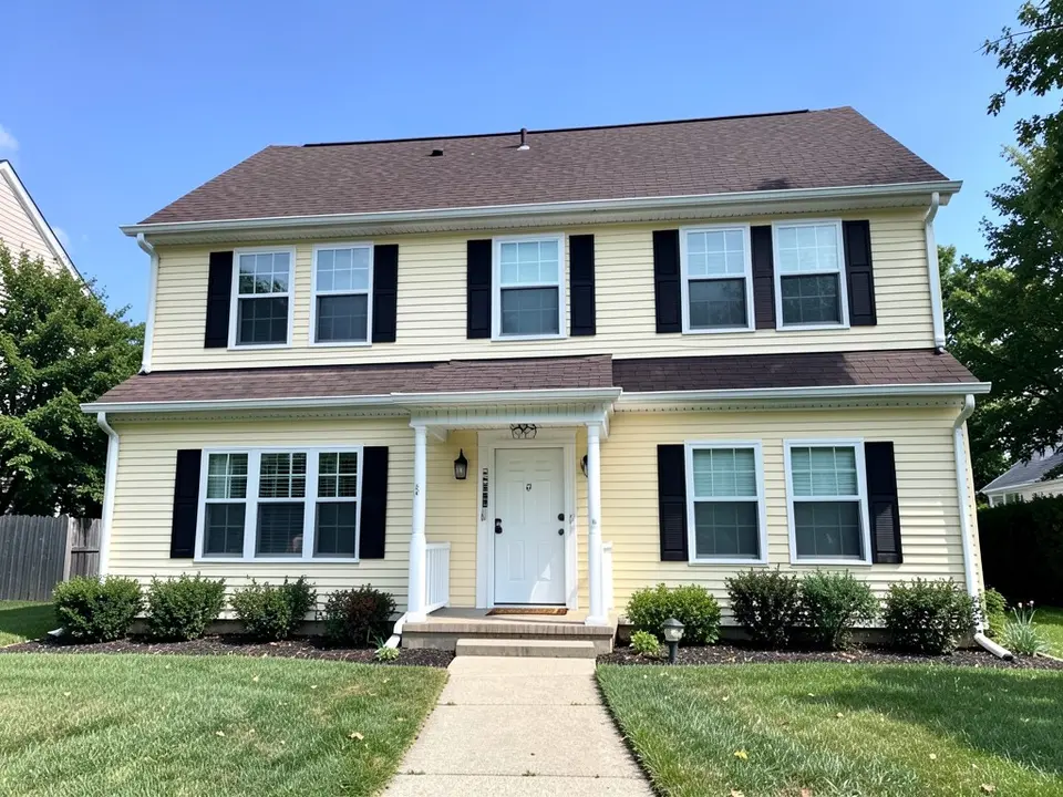 Two-story colonial house with pale yellow vinyl lap siding, white trim, a white front door, black shutters and a dark brown shingle roof, before