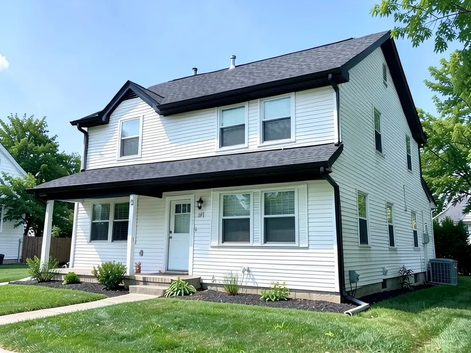 The same house with the fascia, soffit, gutters, downspouts and gable trim painted matte black, with the white siding, windows and door kept