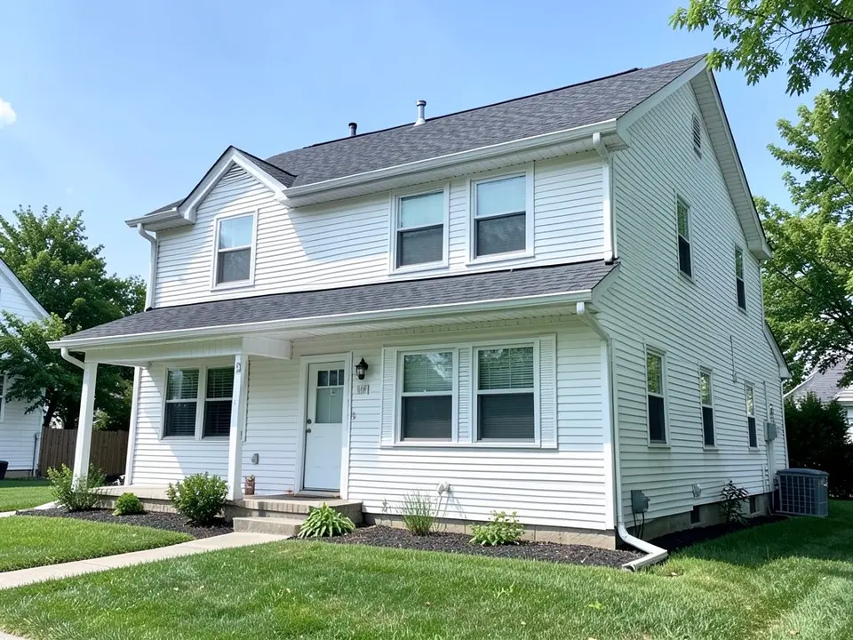 House with white siding, white fascia and soffit, white gutters, white windows and a white front door, before