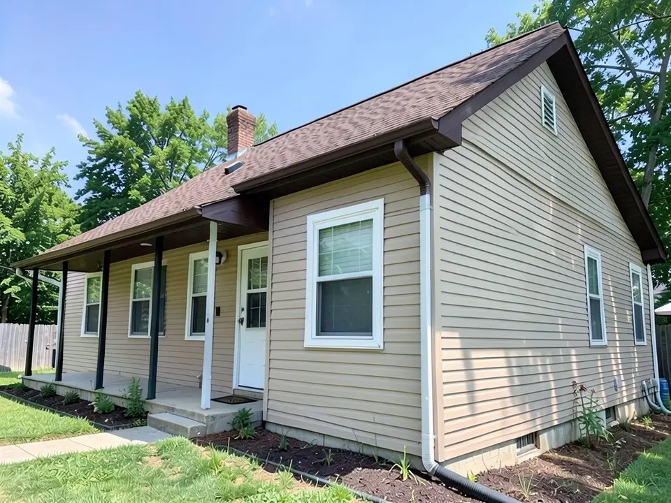 The same house with the fascia, gable rake boards, soffit, gutters and downspout painted dark chocolate brown, with the beige siding, windows, door and porch posts kept
