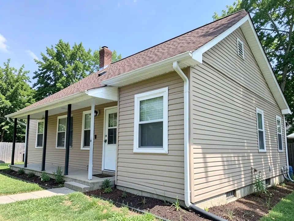 House with beige siding, light fascia and soffit, light gutters, a beige front door and porch posts, before