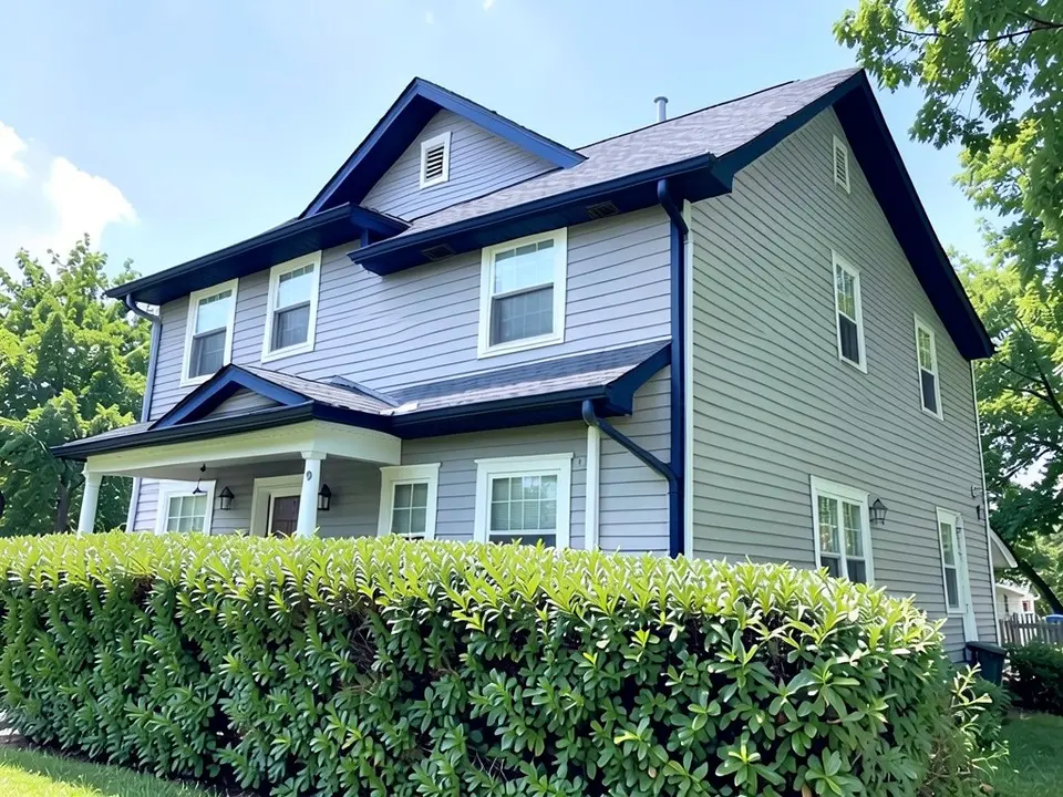 The same house with the fascia, gable trim, soffit and gutters along the roof edge painted deep navy, with the blue-gray siding and white window trim kept