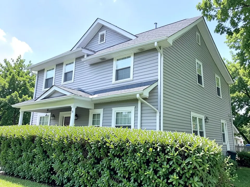 House with blue-gray siding, white fascia and soffit, white window trim, a vent and a hedge, before