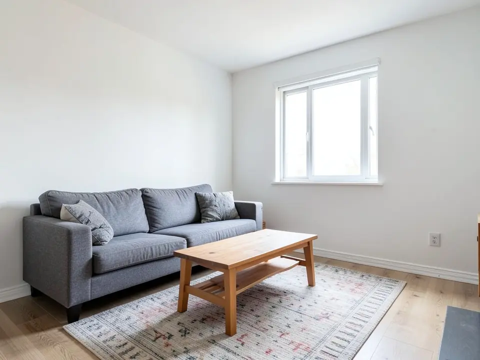Living room with plain white walls, a gray sofa, a wooden coffee table and a rug, before
