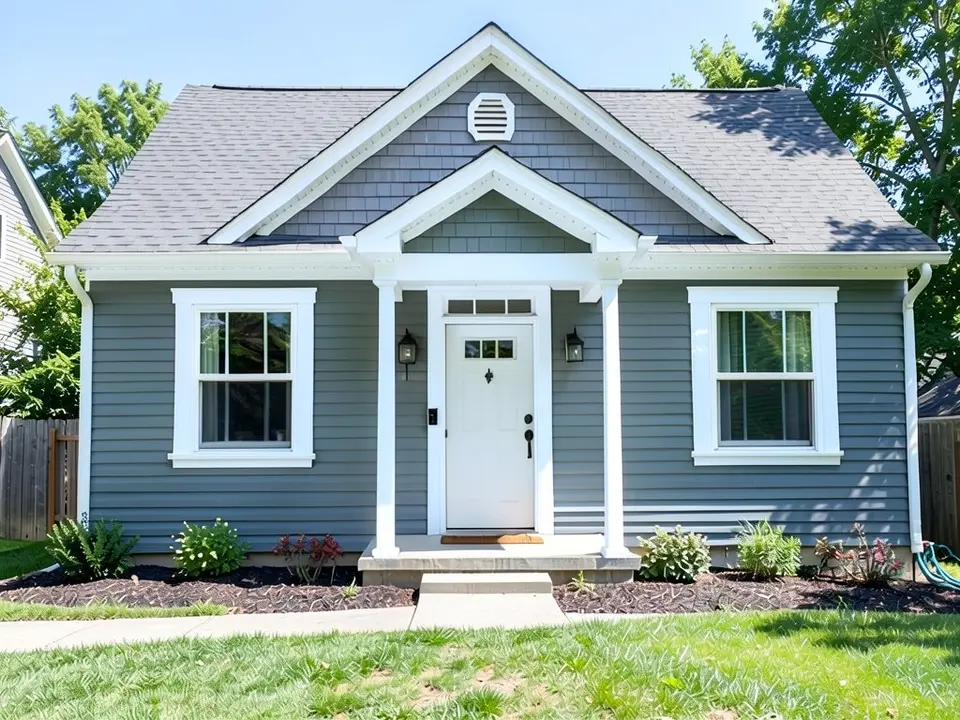 The same blue-gray house with the window trim, roofline boards and front door in bright white