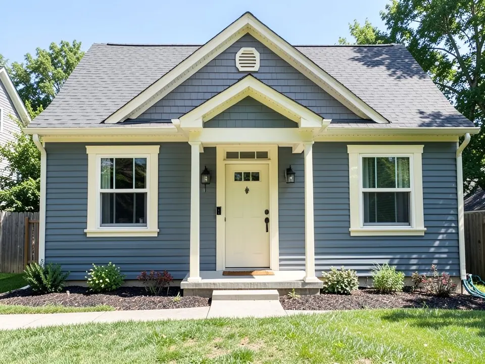 Blue-gray ranch style house with cream window trim, cream roofline boards and a cream front door, before