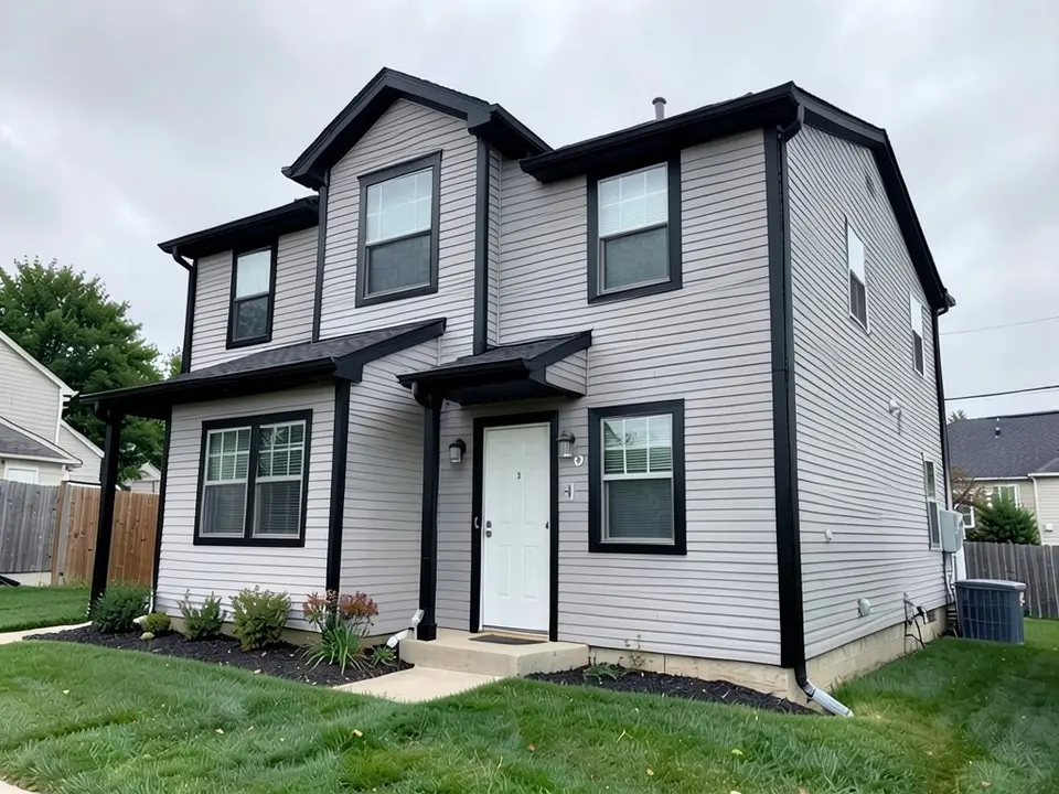 The same gray house with the window trim, corner boards and roofline trim painted black
