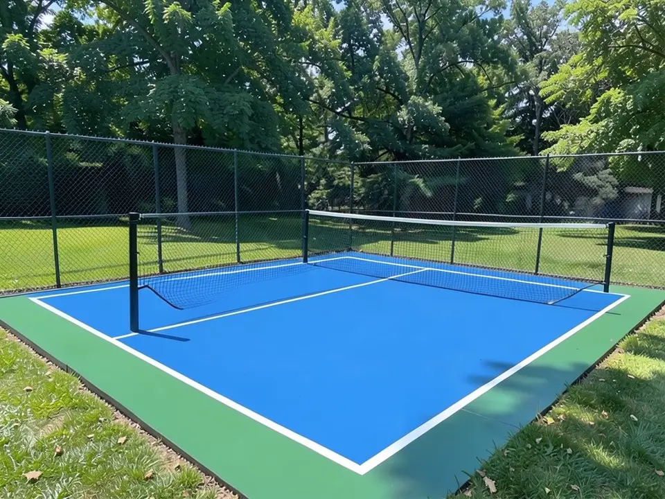 AI edit of the same court: the area inside the white lines is now a smooth medium blue, the strip outside the lines is green on three sides and blue along the far fence, the scuffs and most of the dappled shade on the court are gone, and the white lines, net, posts, fence, lawn, leaves and trees are kept