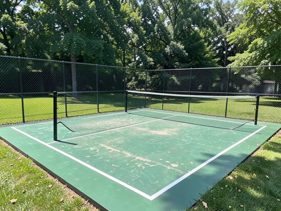 AI-drawn stand-in, not a real court: a single backyard pickleball court with a faded, scuffed green surface, white lines in a simplified layout, a black net and posts, a black chain-link fence, a lawn and tall shade trees, with dappled sun and shade on the court