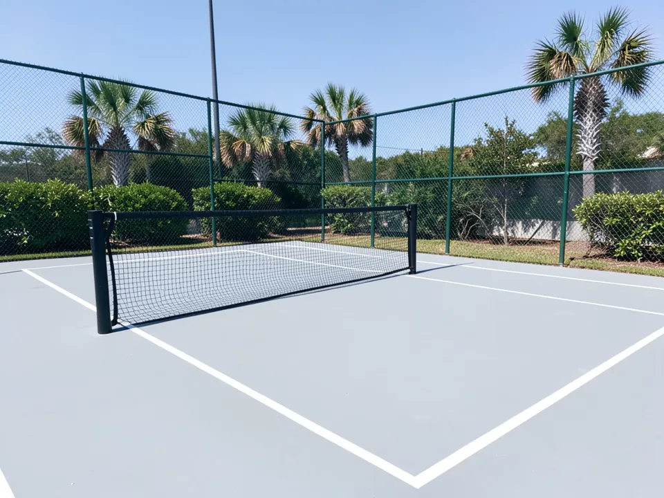 AI-drawn stand-in, not a real court: an outdoor pickleball court with a plain light gray surface inside and outside the white lines, a black net and posts, a green chain-link fence, shrubs, palm trees, a tall light pole and a clear blue sky