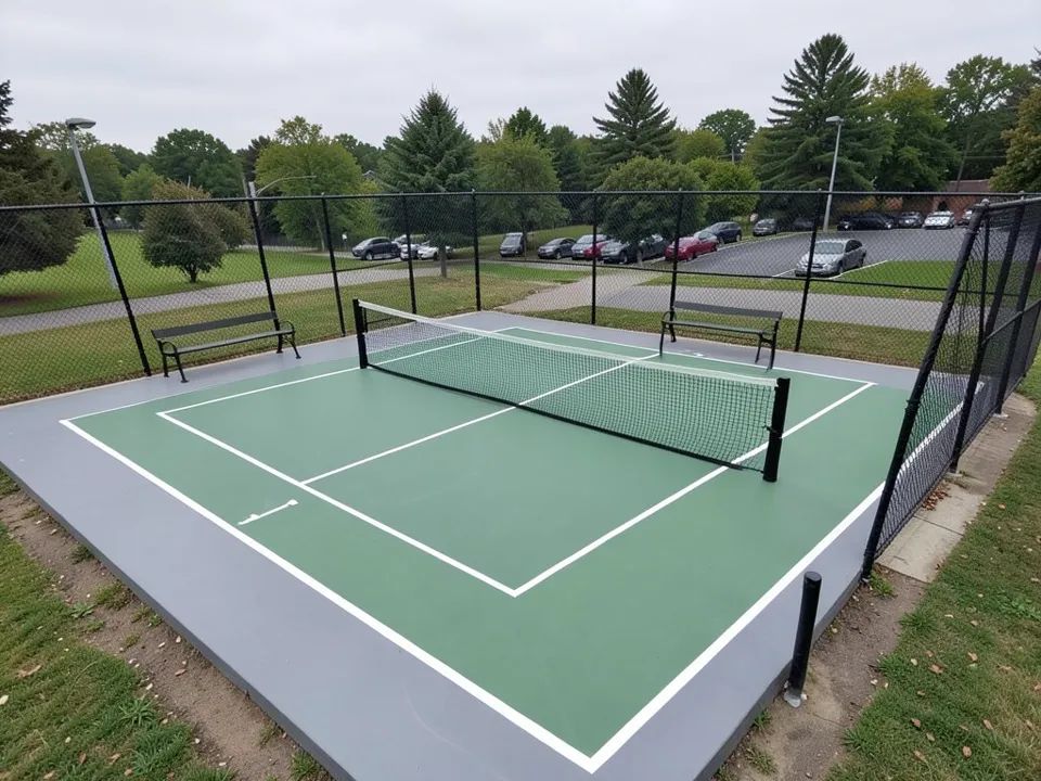 AI-drawn stand-in, not a real court: a public park pickleball court with a medium green playing surface, a wide gray border, white lines, a black net and posts, a short black post in the foreground, two benches inside a black chain-link fence, trees, light poles and a parking lot behind, overcast sky
