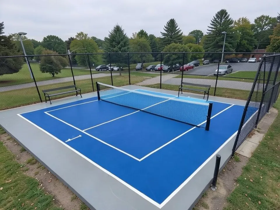 AI edit of the same court: the playing surface is now medium blue and the zone on the far side of the net, by the benches, is light blue, while the zone on the near side of the net stayed medium blue; the gray border came out a lighter gray; the white lines, net, posts, benches, fence, trees and parked cars are kept