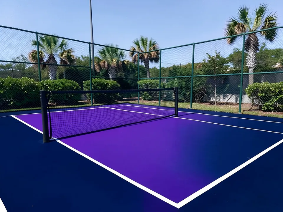 AI edit of the same court: the area inside the white lines is now purple, shading to a dark blue toward the right-hand line, and the surface outside the lines is dark navy; the white lines, net, posts, fence, shrubs, palm trees, light pole and sky are kept