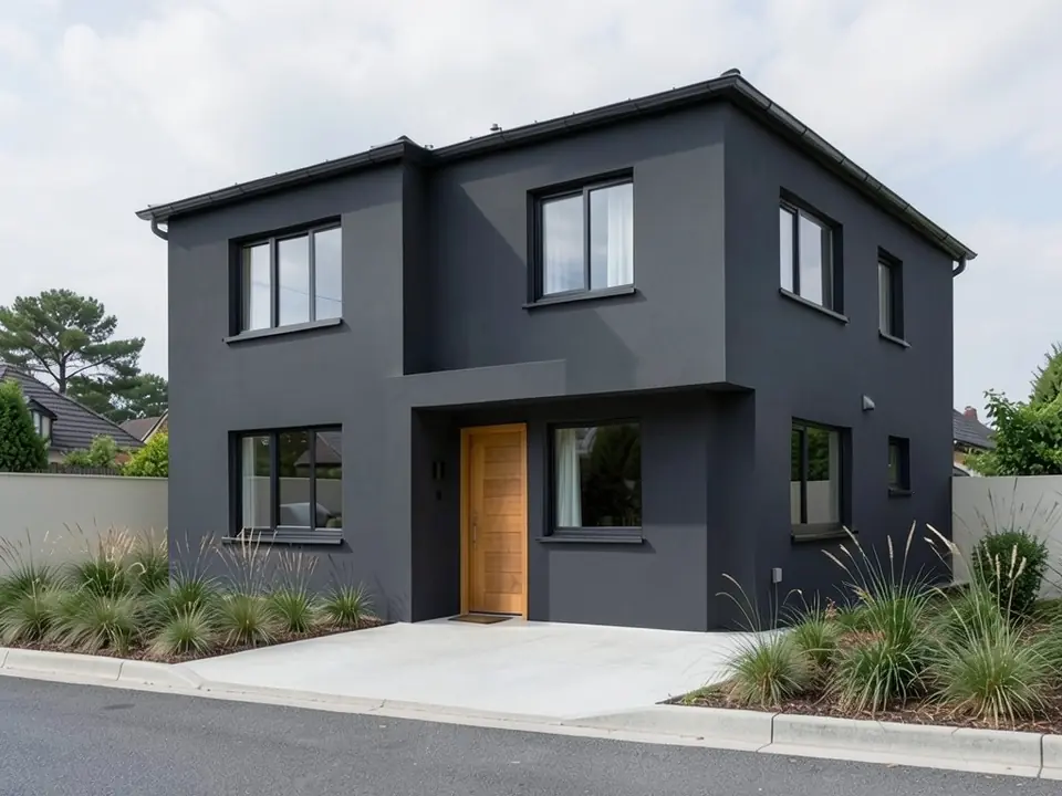 The same modern house with the stucco repainted deep charcoal gray, black windows and wood door unchanged