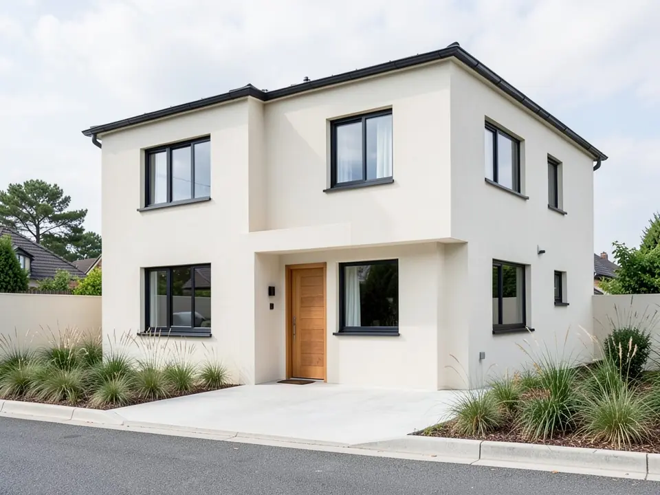 Modern two-story flat-roof house with smooth off-white stucco, black window frames and a light wood front door, before