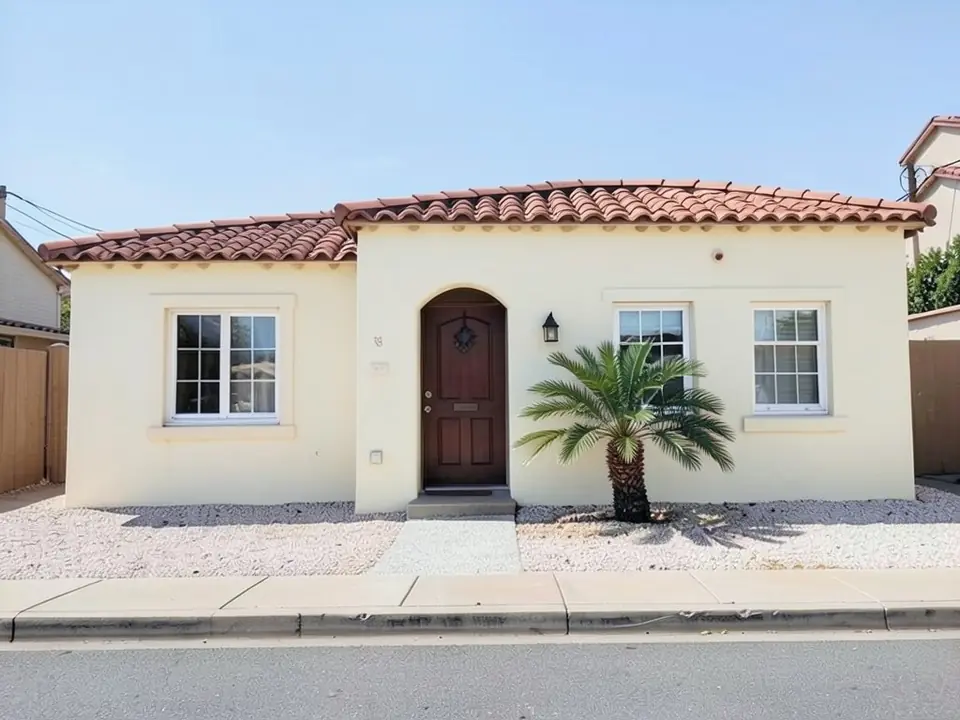 The same Spanish style house with the stucco repainted a warm creamy white, red tile roof and wooden door unchanged