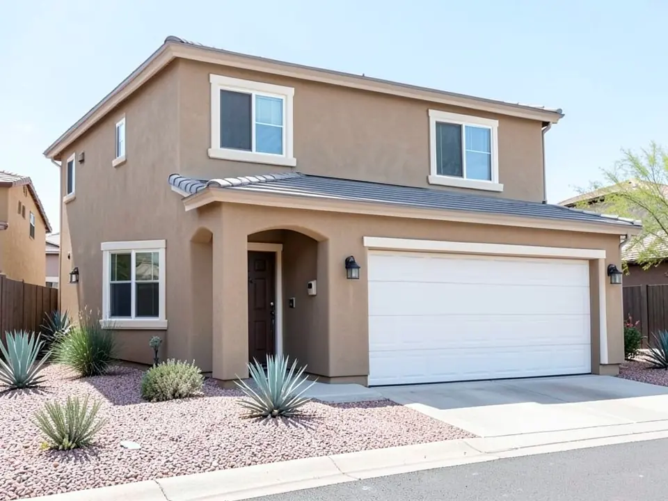 Two-story tan stucco tract house with a gray tile roof, white garage door and desert landscaping, before