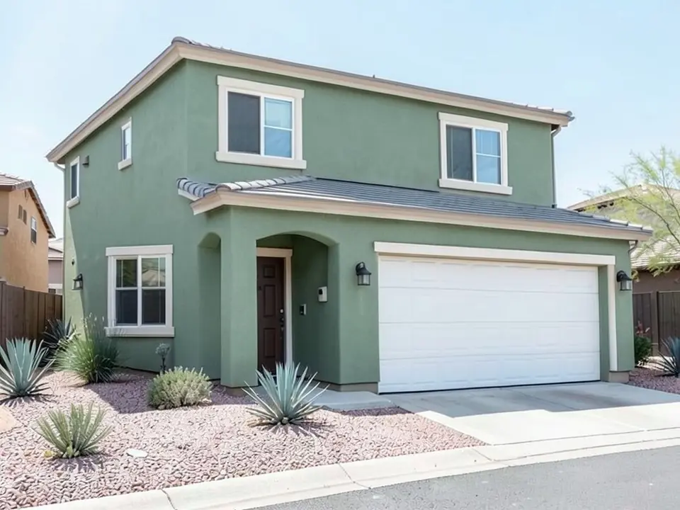 The same two-story house with the tan stucco repainted muted sage green, light trim and white garage door kept